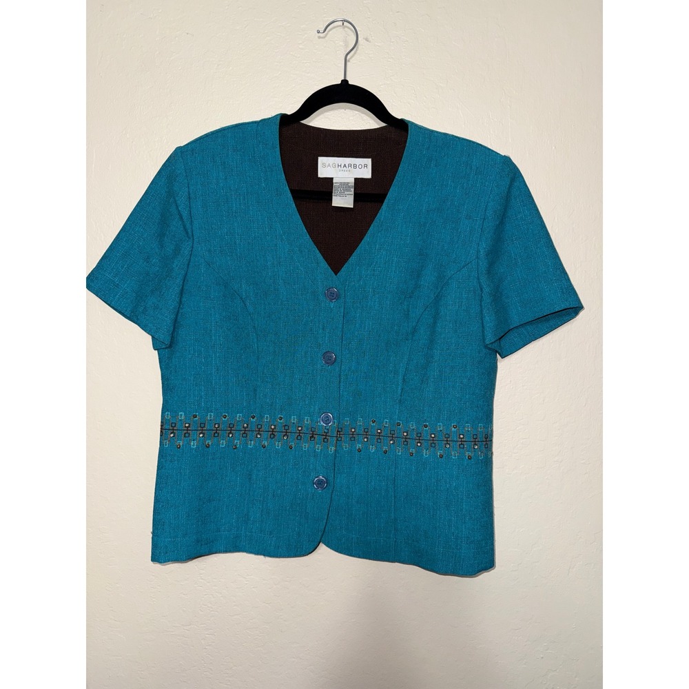 Sag Harbor Blue Linen Blend  Short‎ Sleeve Button Up Blazer Pants Set Size 14